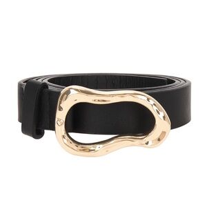 Black Leather Belt with Gold Sculpted Buckle